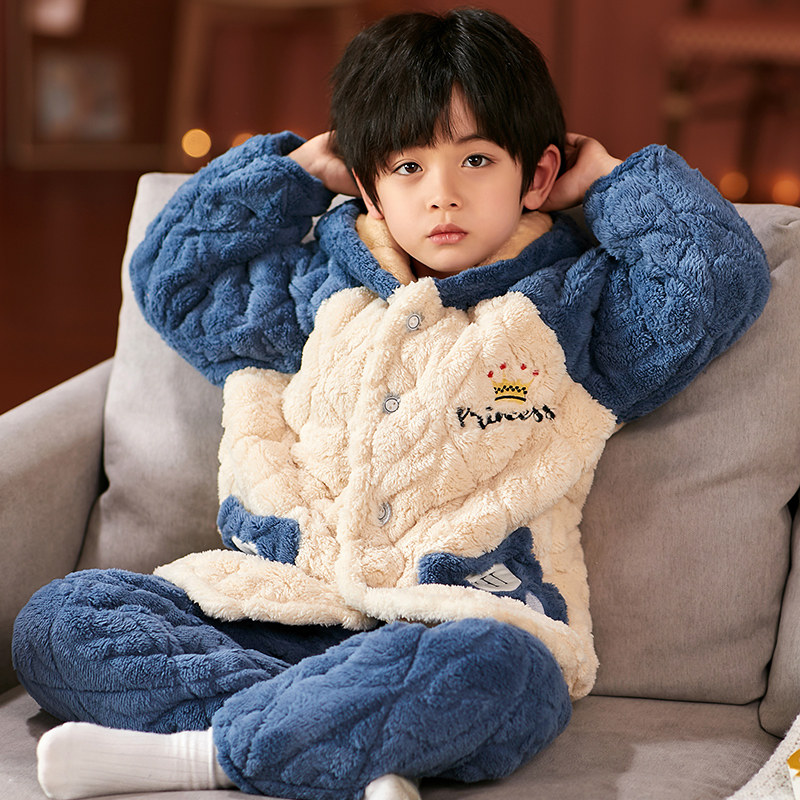 冬季儿童睡衣男童女童夹棉加绒加厚款宝宝男孩子珊瑚绒保暖家居服