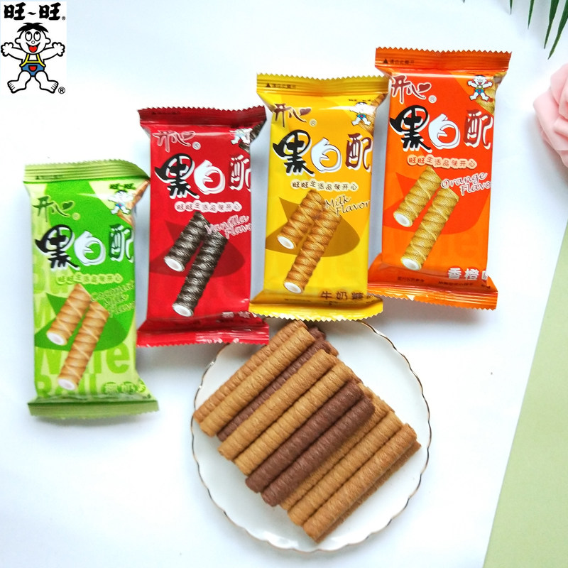 黑白配零食休闲小吃旺旺开心夹心蛋卷散装香草味混合饼干15包整箱