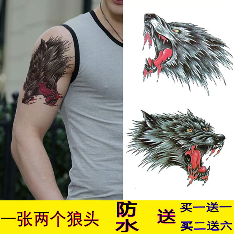 狼头防水纹身贴男胸口持久仿真手臂刺青花臂半臂遮疤痕新款创意3d