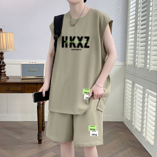 无袖t恤男夏季休闲运动套装男背心一套搭配帅气衣服篮球服两件套