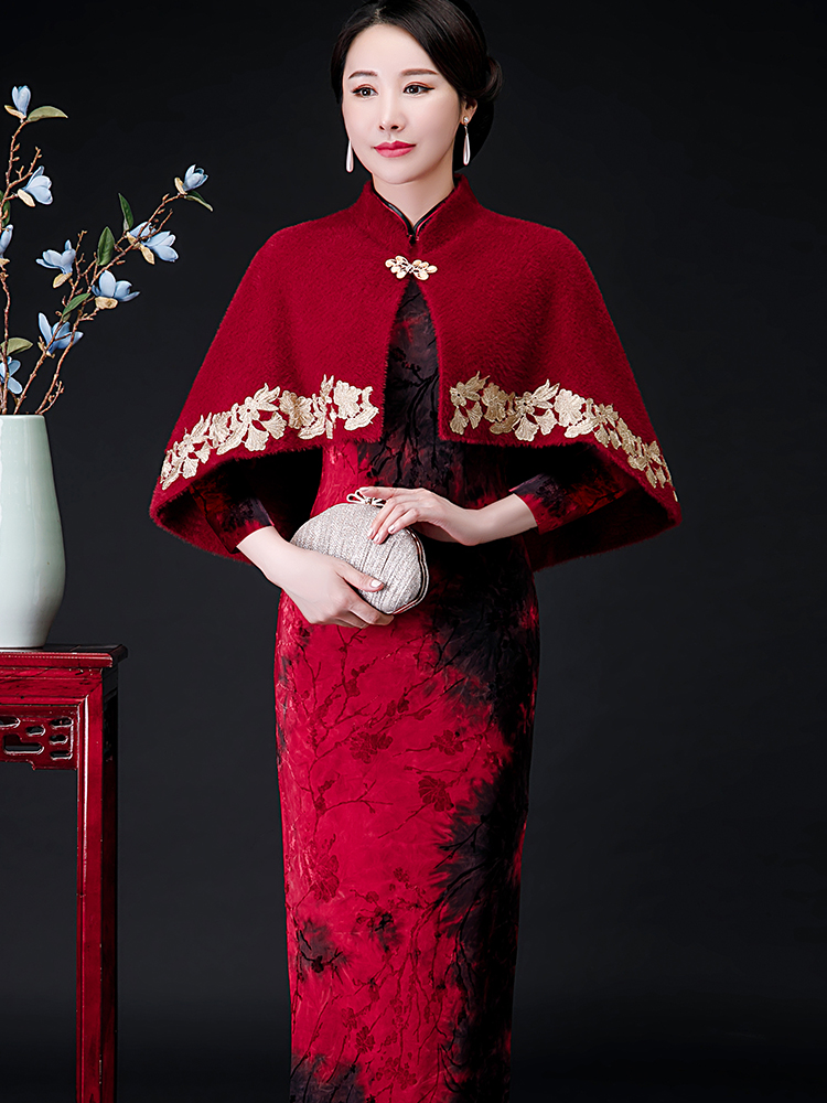 旗袍披肩外搭高贵喜婆婆斗篷优雅婚礼妈妈装中老年秋冬刺绣小披肩