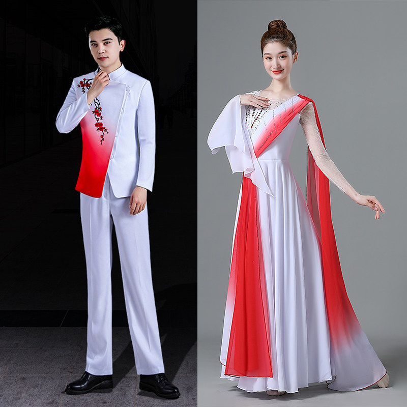 大合唱团演出服女长裙主持人出租 飘逸古典舞中国风舞蹈服装租赁