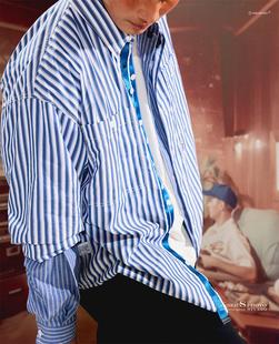 ANB2024春夏 / 经典蓝白条纹织带细节设计薄质面料长袖衬衫