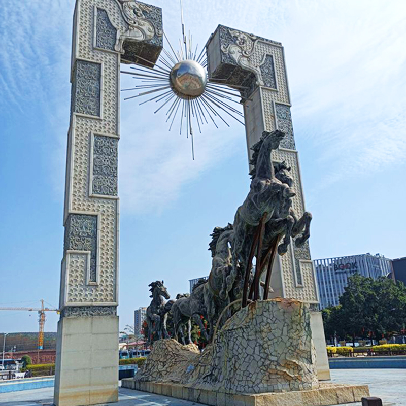 大型景观广场标志性建筑雕塑石拱门龙马精神群雕动物不锈钢摆件