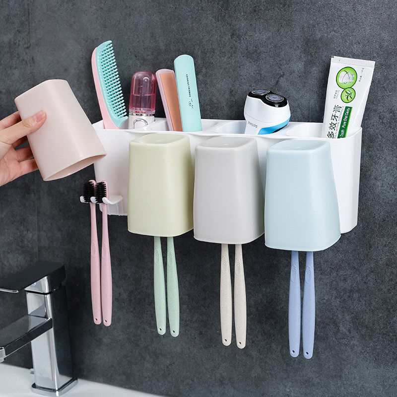 小钰头吸壁式牙刷架洗漱套装壁挂吸盘三四口漱口杯挤牙膏器卫生间