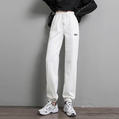 白色裤子女秋冬显瘦加长运动裤宽松束脚高个子加绒休闲卫裤春秋款
