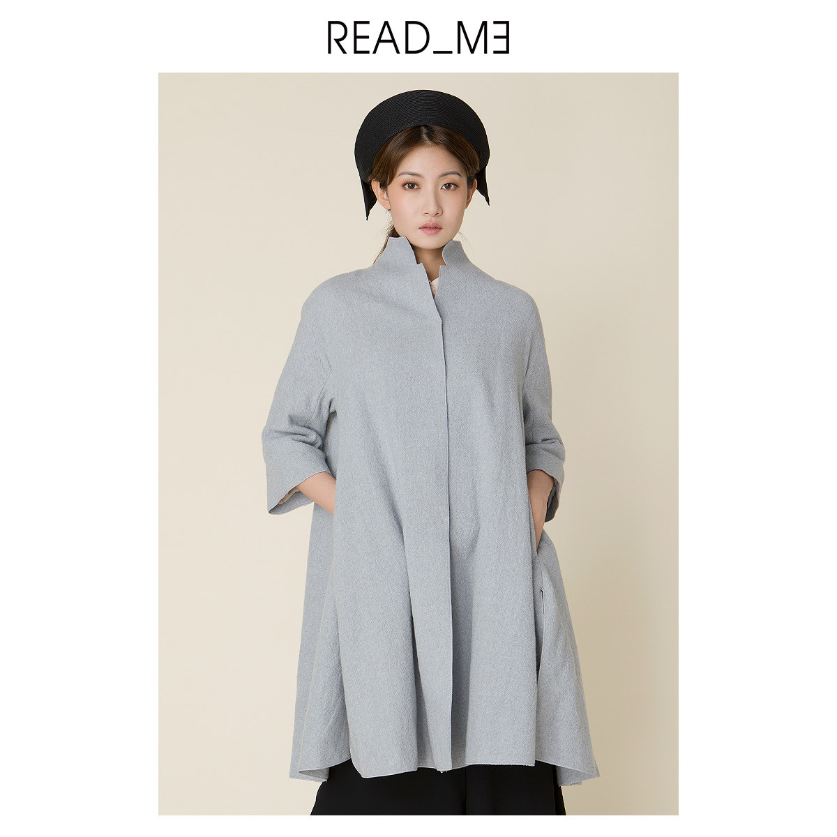 readme读我女士灰色羊毛中长款立领风衣外套大衣80609488