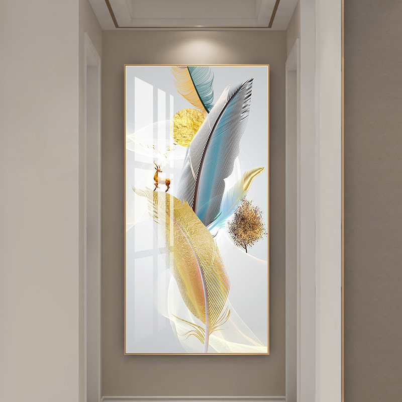 麋鹿幻羽进门玄关画竖版简美轻奢走廊装饰画大幅晶瓷画镶钻楼梯画
