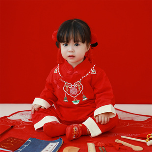 女宝宝周岁礼服婴儿衣服纯棉春秋款百岁宴一周岁红色抓周唐装套装