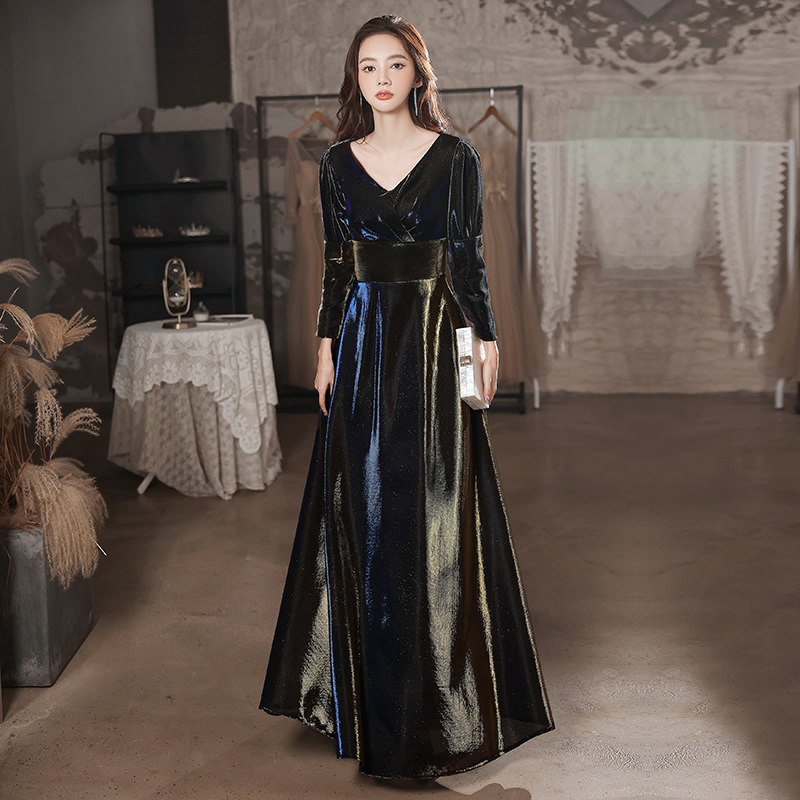 晚礼服裙女气质年会宴会高贵优雅主持人高级质感长袖长裙高端大气