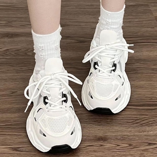 老爹鞋女2024夏季新款女款单网面透气白色增高小个子休闲运动女鞋