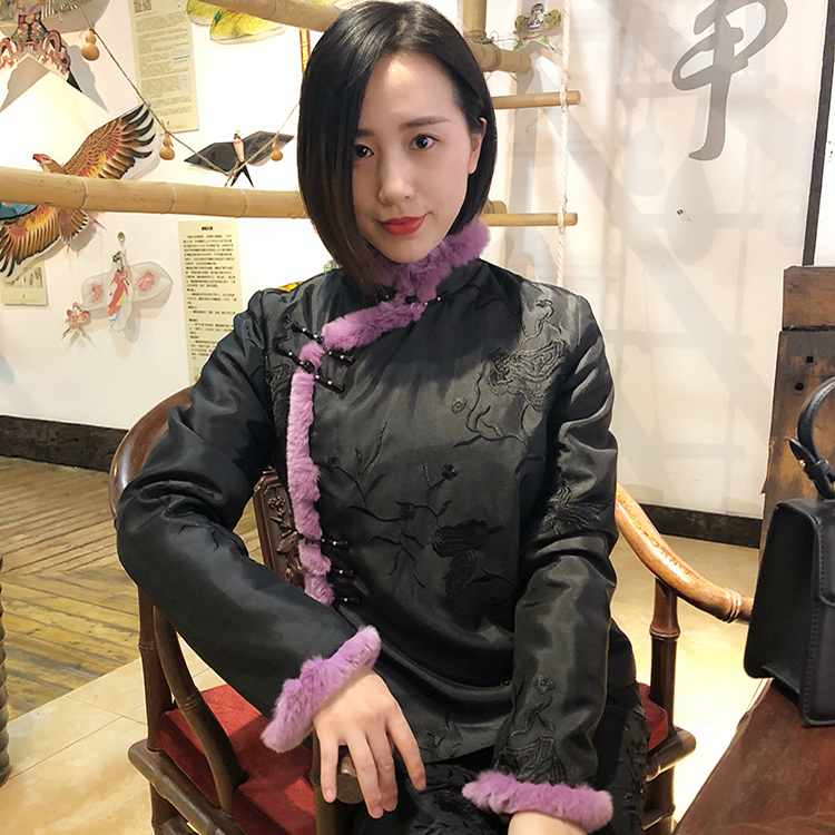 复古拜年装 中式獭兔毛加厚保暖斜襟盘扣宽松喇叭袖旗袍上衣外套