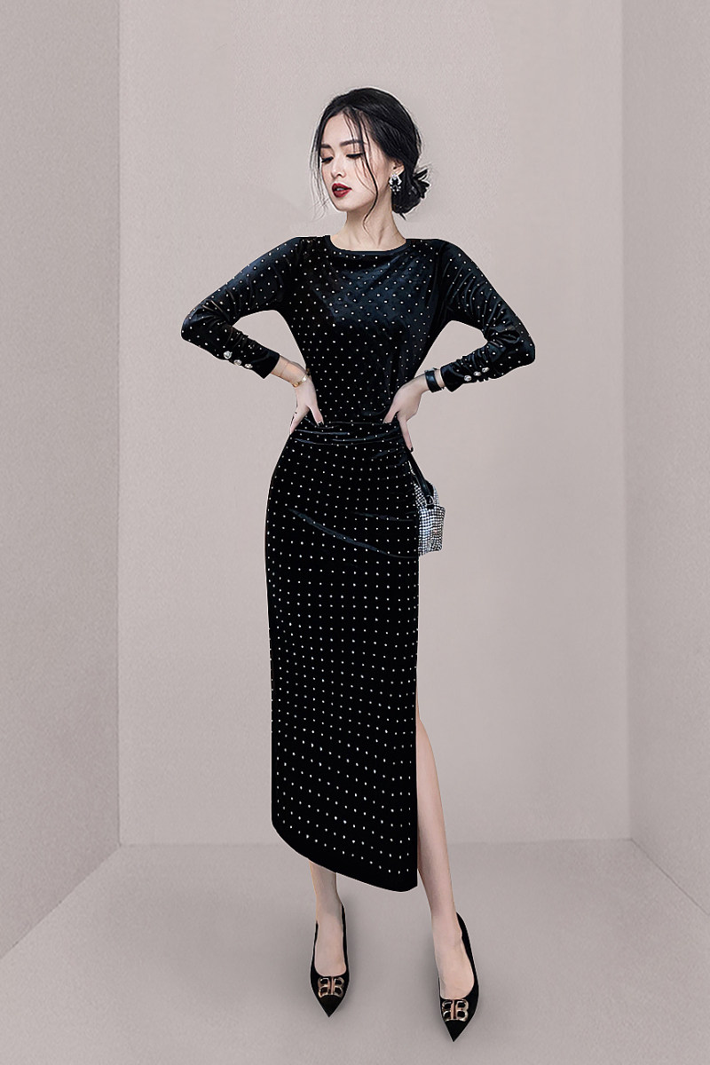 2021韩版轻奢设计感长袖裙子早秋季复古气质开叉连衣裙图片