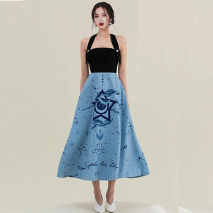 2022 spring new high waist slim neck hanging backless starry sky printed small dress women's dress