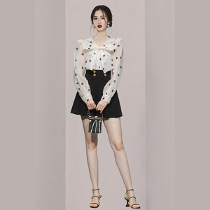 2022 spring new Korean bow bubble sleeve long sleeve wave point shirt wrap hip slim temperament skirt