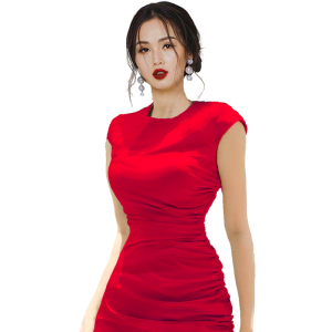 Spring 2022 new Satin red crew neck sleeveless side slit pleated drawstring high waist temperament dress