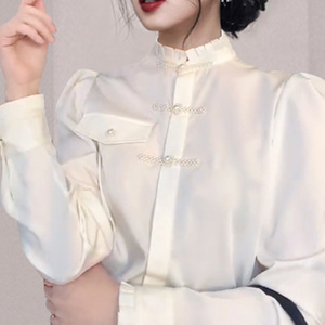 2022 spring new stand collar fungus edge white shirt bubble trumpet sleeve Princess Satin top