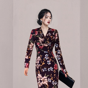 2022 spring new Korean style celebrity with thin temperament， wrapped arm printed waist dress