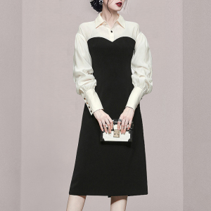 2022 spring new Korean Chiffon stitching contrast color slim fitting Lantern Sleeve temperament dress