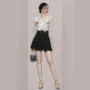 2022 spring new Korean bow bubble sleeve long sleeve wave point shirt wrap hip slim temperament skirt