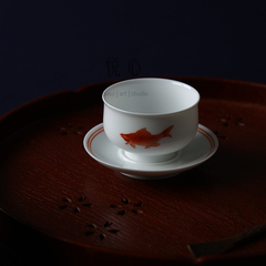 【悦心】景德镇 茶具 甜白釉上 纯手工手绘 红鱼 一杯一托主人杯