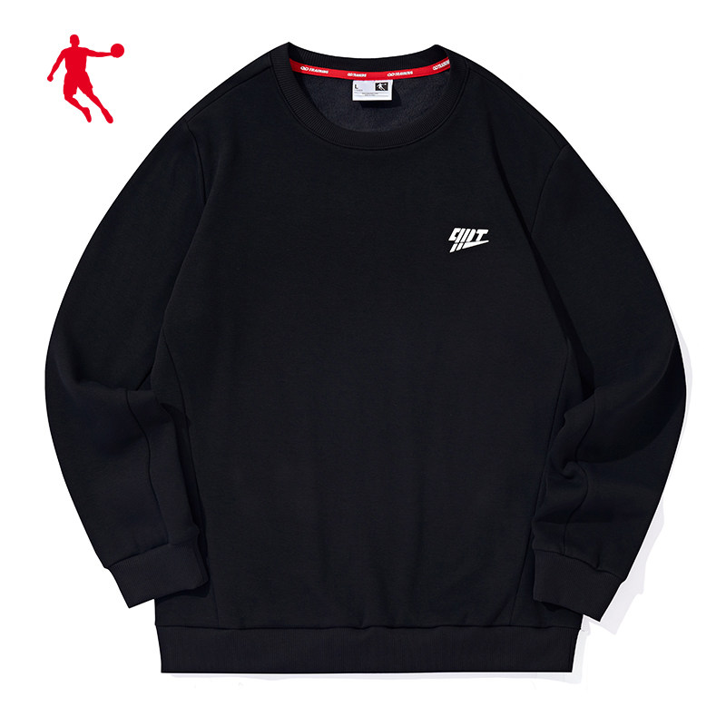 乔丹运动卫衣男2021冬季新款宽松圆领加绒休闲上衣保暖简约套头衫