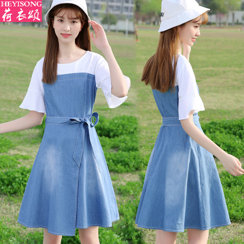 裙子女夏牛仔连衣裙学生少女韩版修身中长裙初中生牛仔裙女小清新