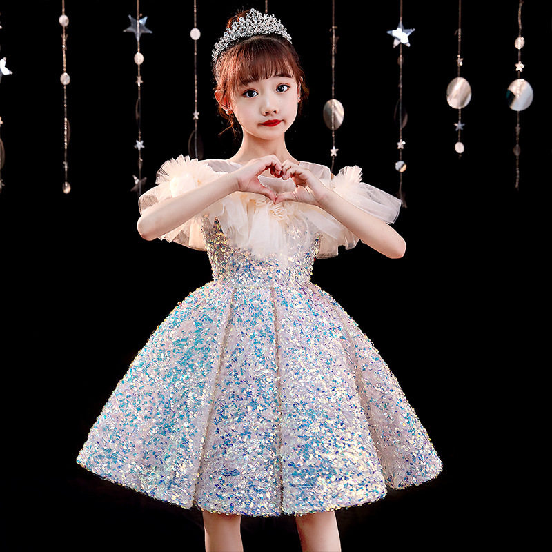 女童闪亮晚礼服小主持人钢琴唱歌演出服装公主裙儿童短款小女孩仙