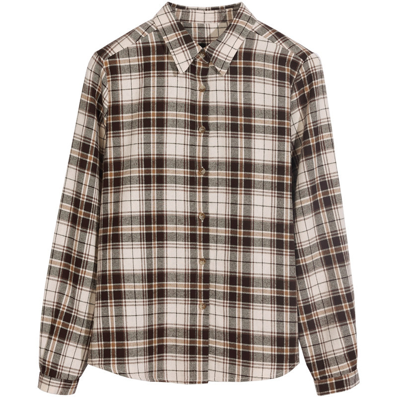 卡其色磨毛格子衬衫女复古港味早春新款长袖纯棉衬衣宽松格纹上衣