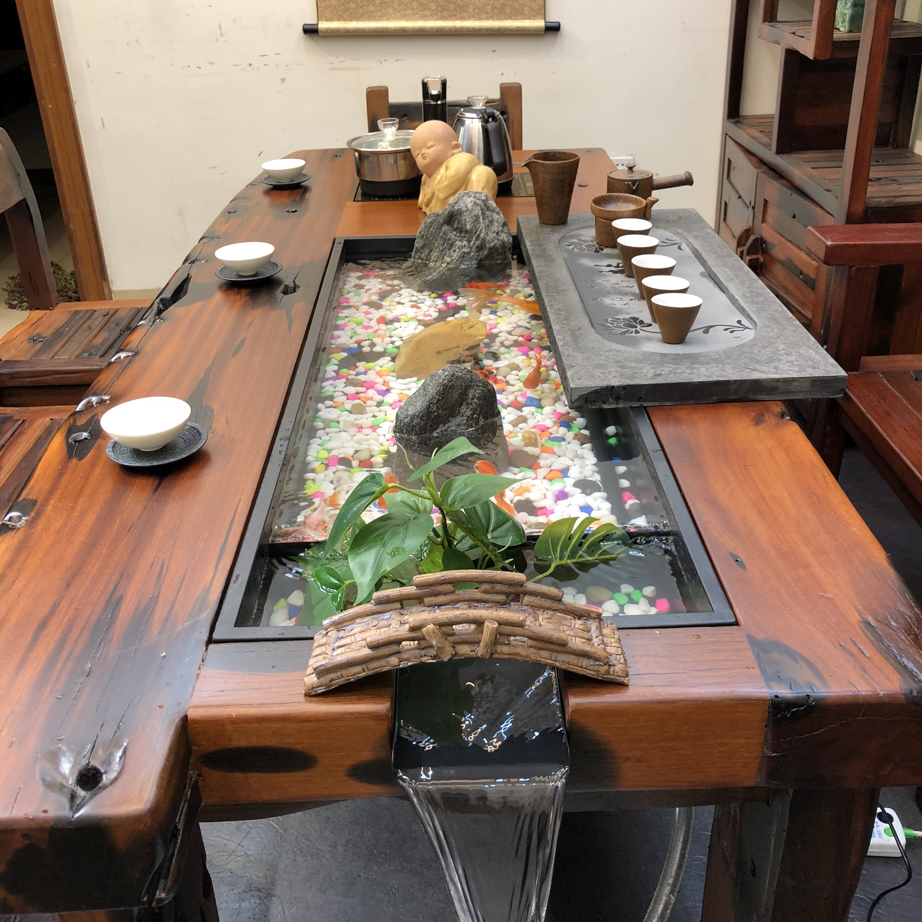 仿古茶桌老船木茶桌椅流水养鱼循环仿古茶台中式组合禅意功夫茶几