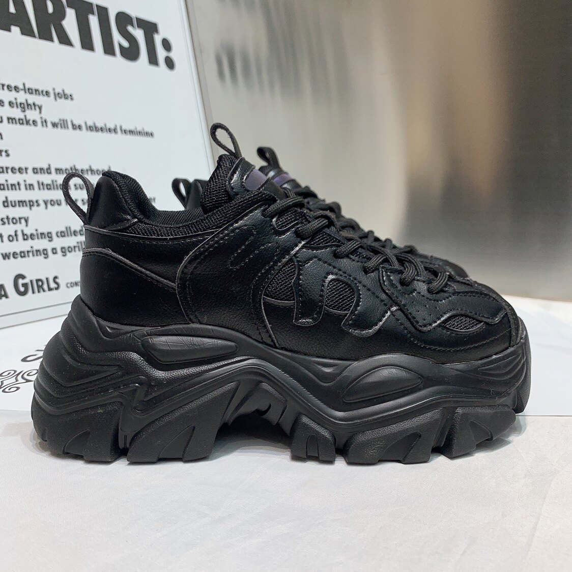 黑将军老爹鞋女ins复古增高运动休闲鞋2023春新款真皮网纱厚底6cm