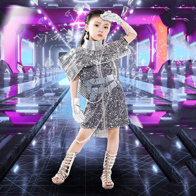 女童未来科技感亮片服装童模走秀演出服儿童t台机车模卡时尚拍摄
