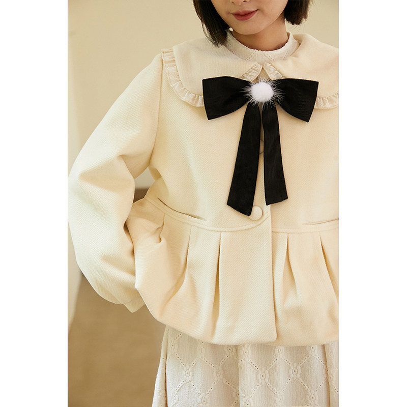 小葱良裁 奶杏色短款毛呢外套女冬季加厚宽松甜美可爱温柔呢大衣