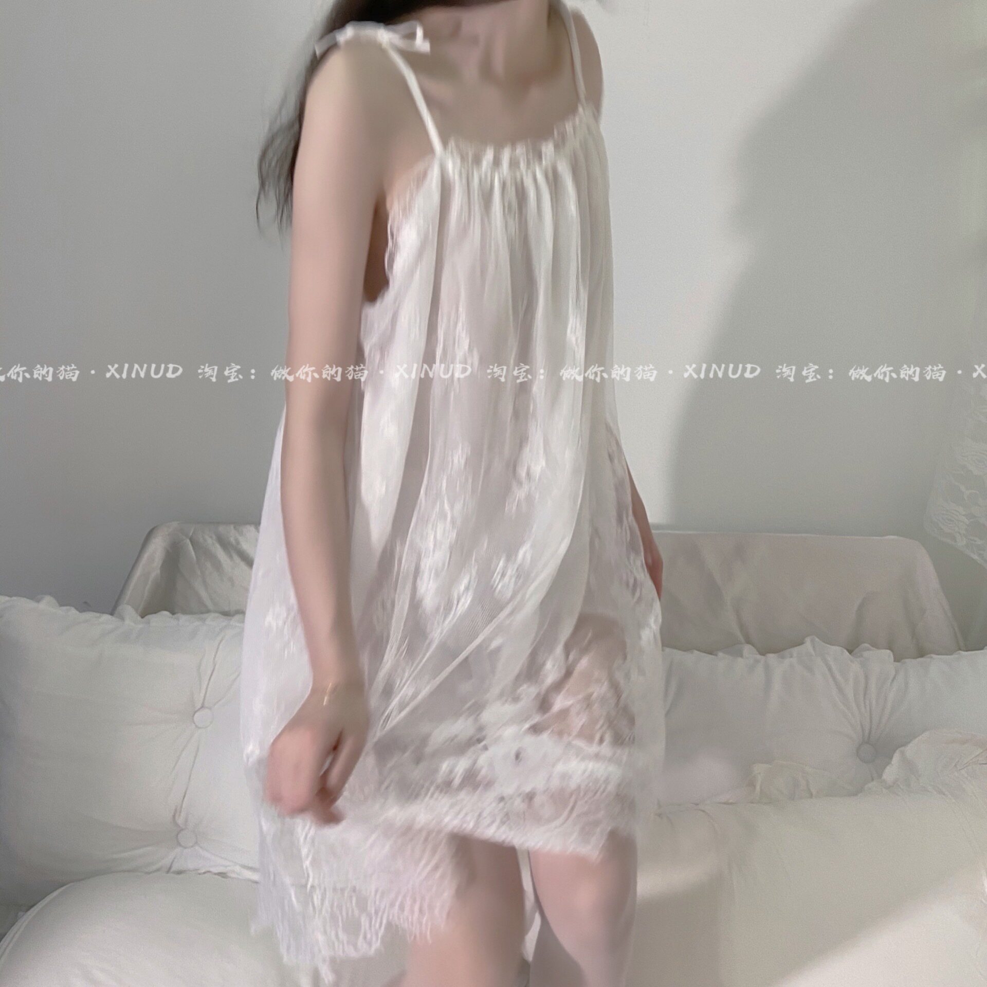 做你的猫:夏夜定制 少女日常 性感系带蕾丝吊带睡衣裙网纱连衣裙