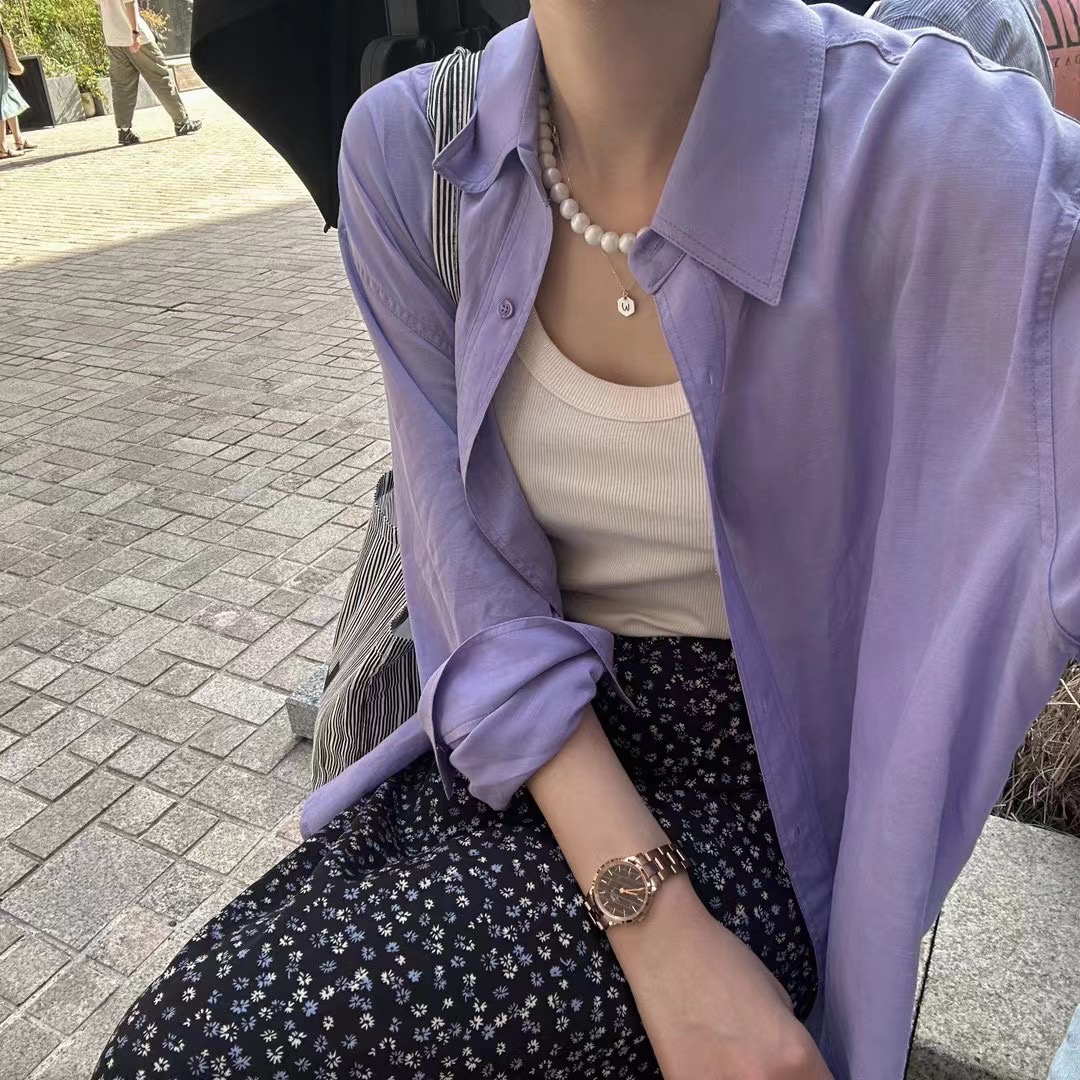 现！韩国东大门正品女装 温柔的紫色宽松大版型薄款防晒外套衬衫