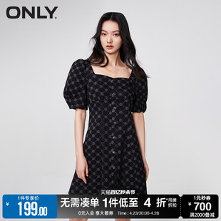 ONLY春季时尚满印方领灯笼袖短款牛仔连衣裙女|123242033