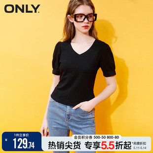 【正肩显瘦T】ONLY2024夏季新款时尚黑色V领短款泡泡袖短袖T恤女