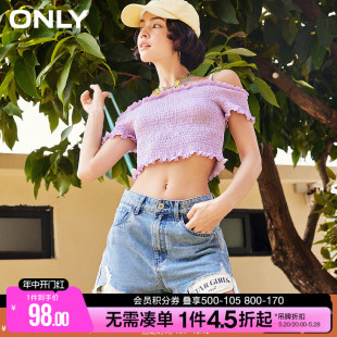 ONLY夏季时尚辣妹木耳边一字肩多巴胺短款短袖T恤女|123201043