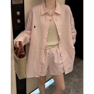欧洲站2024夏季新款时尚POLO领小标刺绣粉色衬衫休闲裤两件套套装