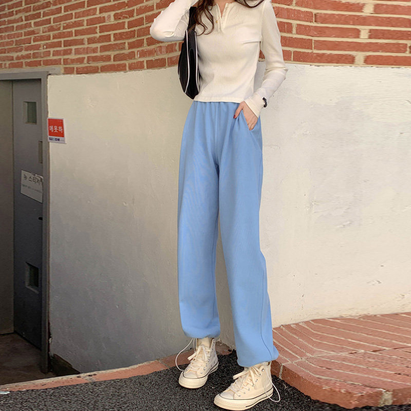 百思朵旗舰店的优惠券大全—百思朵天蓝色加绒运动裤女慵懒风冬季学院