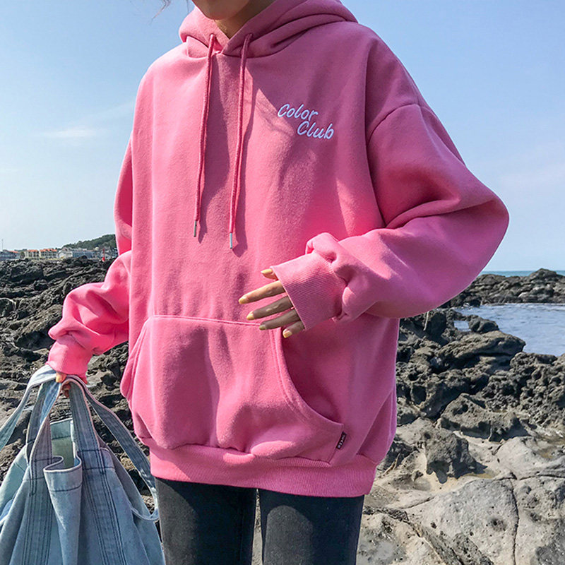 百思朵cec泫雅加绒加厚树莓色卫衣女ins刺绣慵懒风连帽糖果色外套