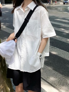 百思朵甜美日系小众设计感纯棉短袖白衬衫仙女宽松慵懒风白色衬衣