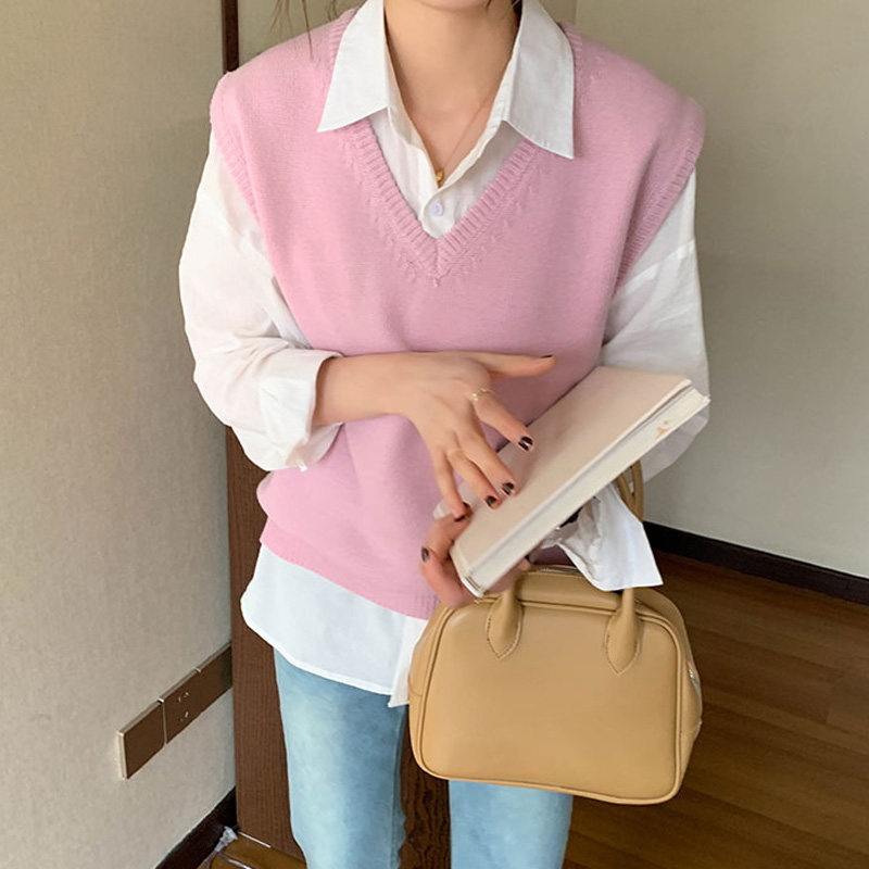 百思朵少女淡粉色毛衣马甲短款无袖叠穿外搭浅粉色v领背心针织衫