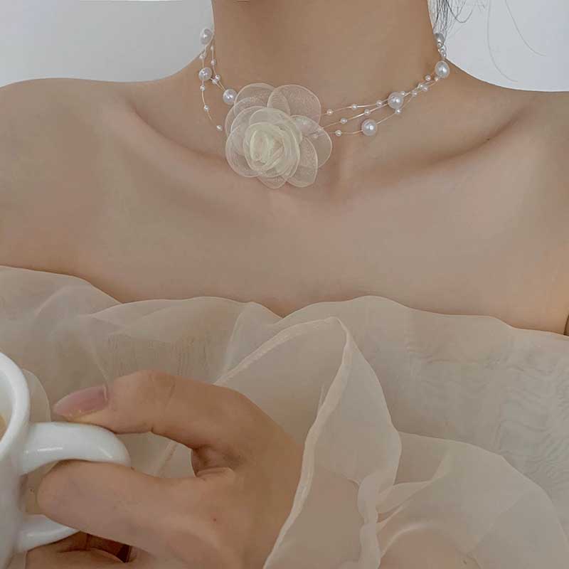 法式浪漫性感多层珍珠花朵锁骨链颈链女choker脖子项链网红配饰潮
