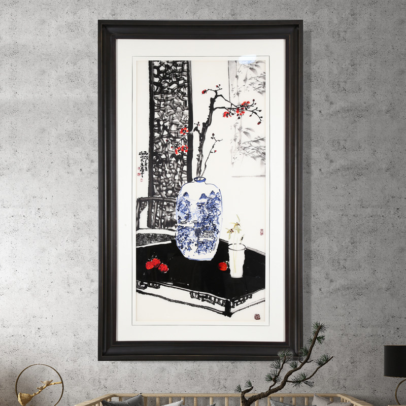 顾氏手工刺绣新中式苏绣装饰画竖幅书房走廊挂画水墨