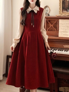 法式复古学院风双层领红色连衣裙秋冬大码赫本风假两件灯芯绒长裙