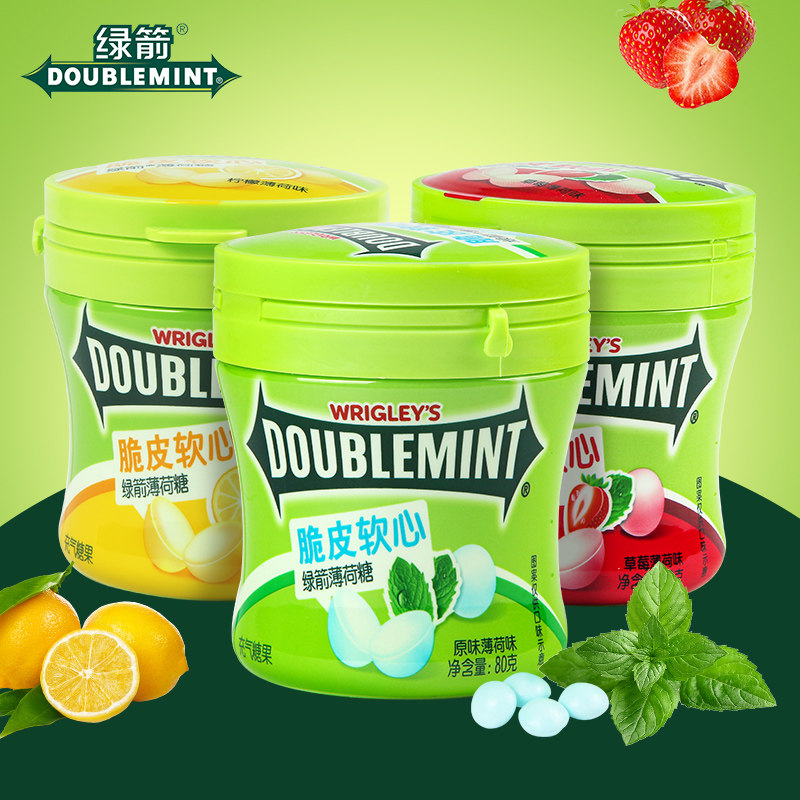 脆皮软心_绿箭牌脆皮软心薄荷糖原味80g*3瓶柠檬草莓口香果清新口气