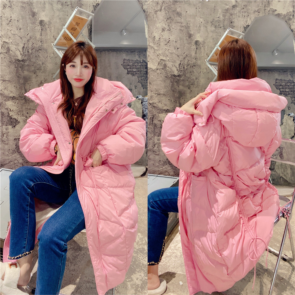 jenniferjxliu韩国冬超美樱花粉羽绒服过膝中长款加厚连帽外套