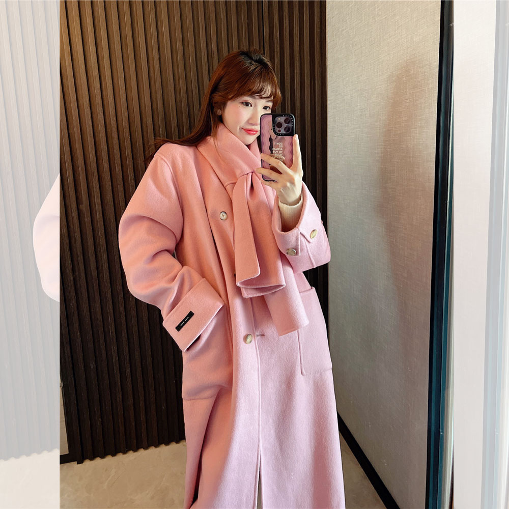 jennifer jxliu韩国冬超美樱花粉围巾中长款宽松双面羊绒大衣外套