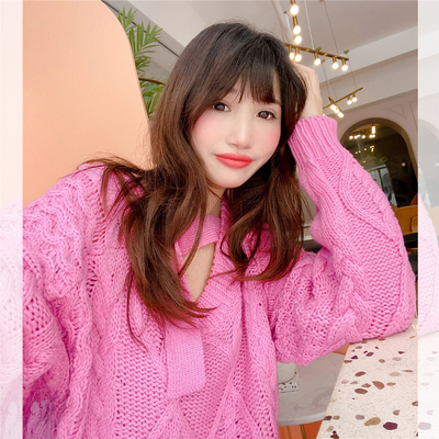 jennifer jxliu韩国东大门秋冬~甜美樱花粉麻花粗针菱形纹毛衣女